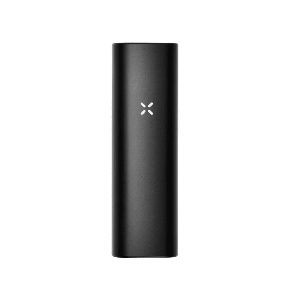 Black portable dry herb vaporizer with LED indicator, sleek cylindrical design on white background