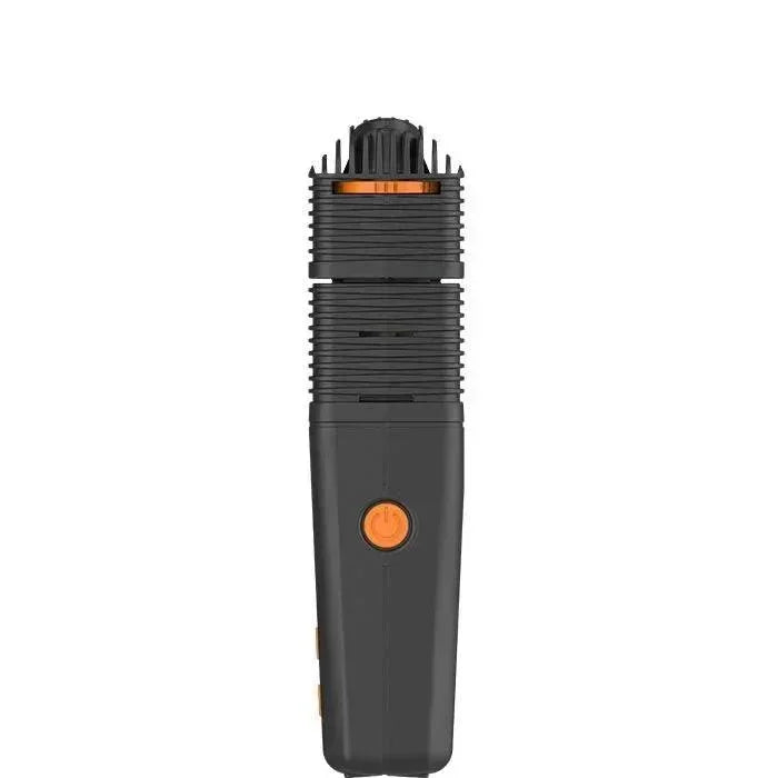 Portable black vaporizer with orange power button on white background