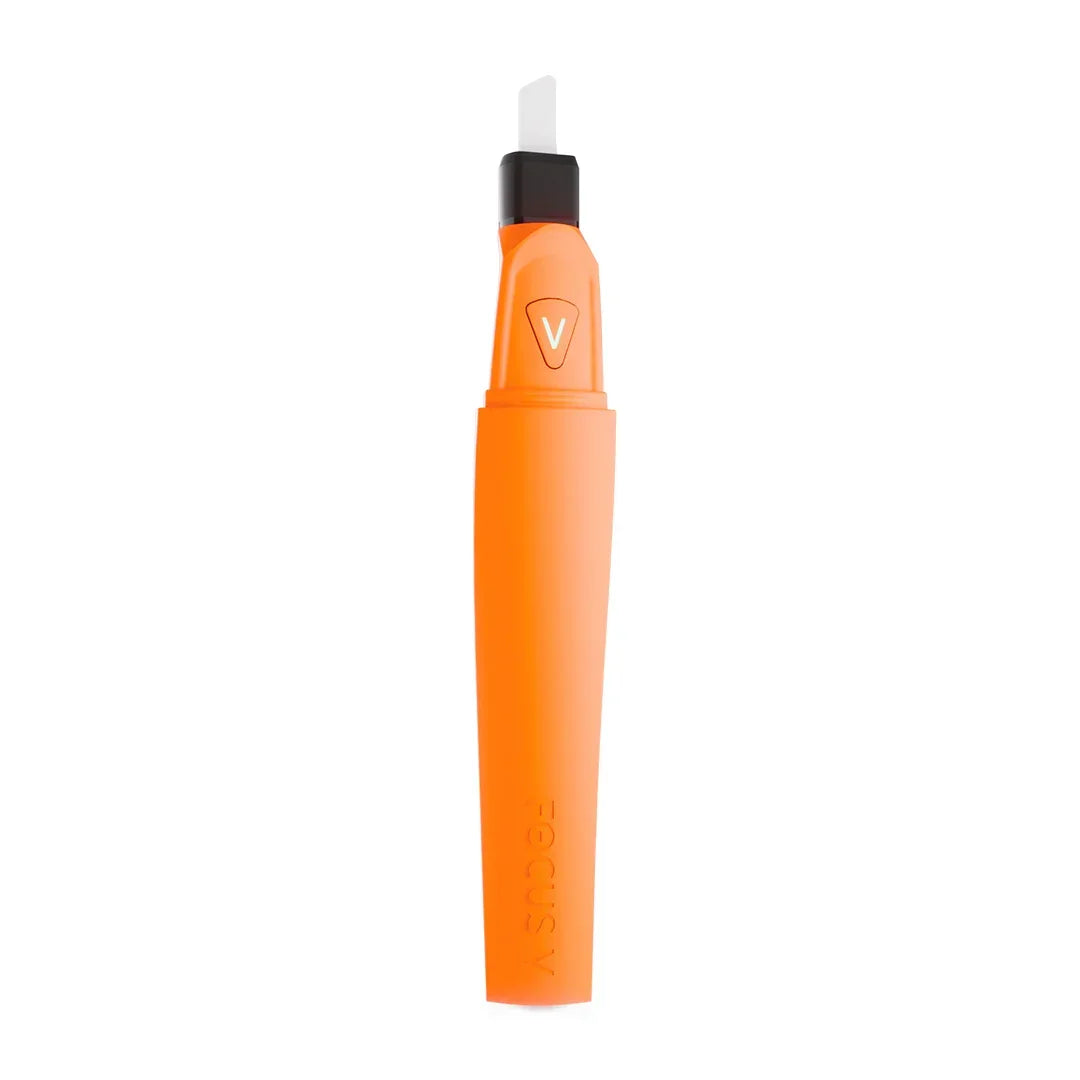 Orange electronic dab tool for concentrates with button and ceramic tip on white background