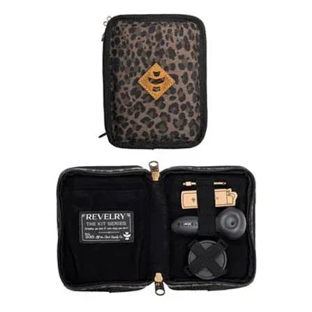Leopard print odor-proof carrying case open to reveal organized smoking accessories