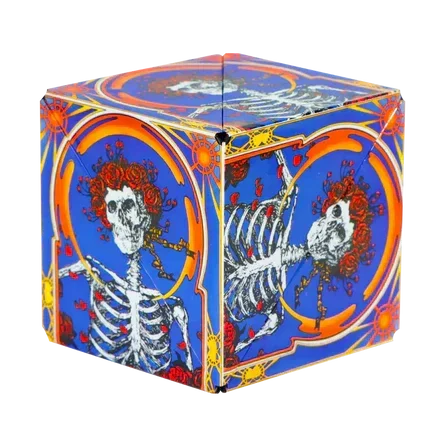 Colorful cube with psychedelic skeleton artwork, vibrant roses, and bold geometric patterns