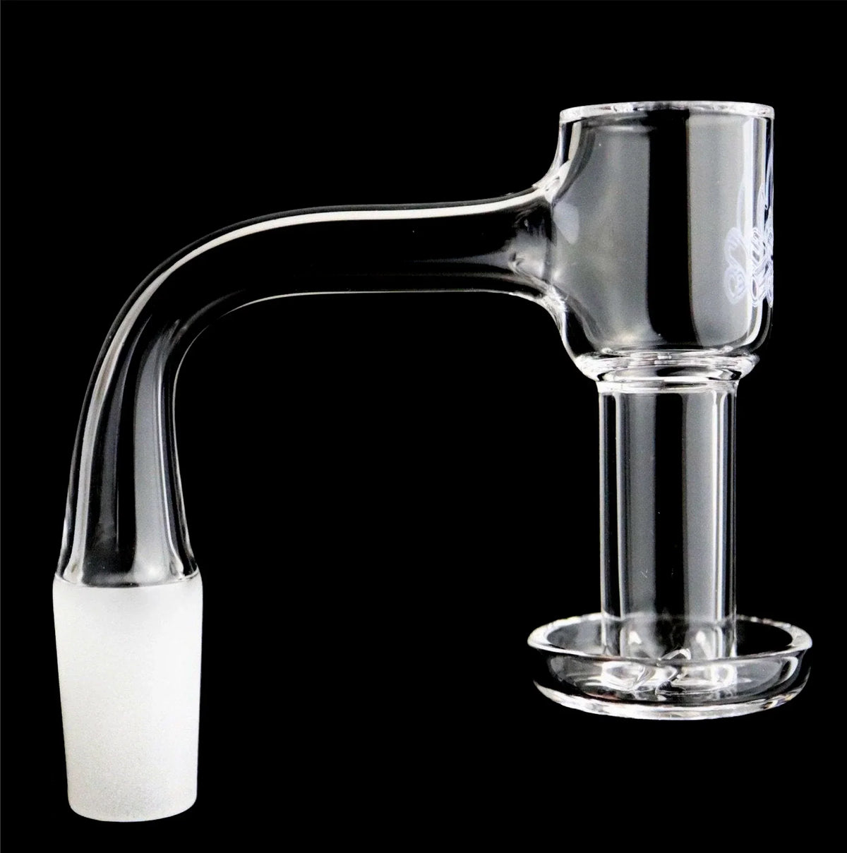 Clear quartz banger nail for dab rigs, glass concentrate accessory on black background
