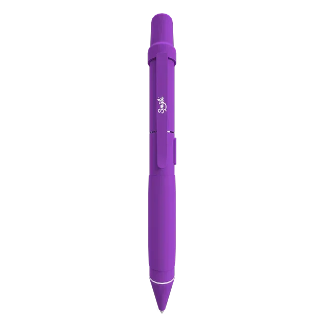 Purple ballpoint pen with clip and stylized script logo on barrel, isolated on white background