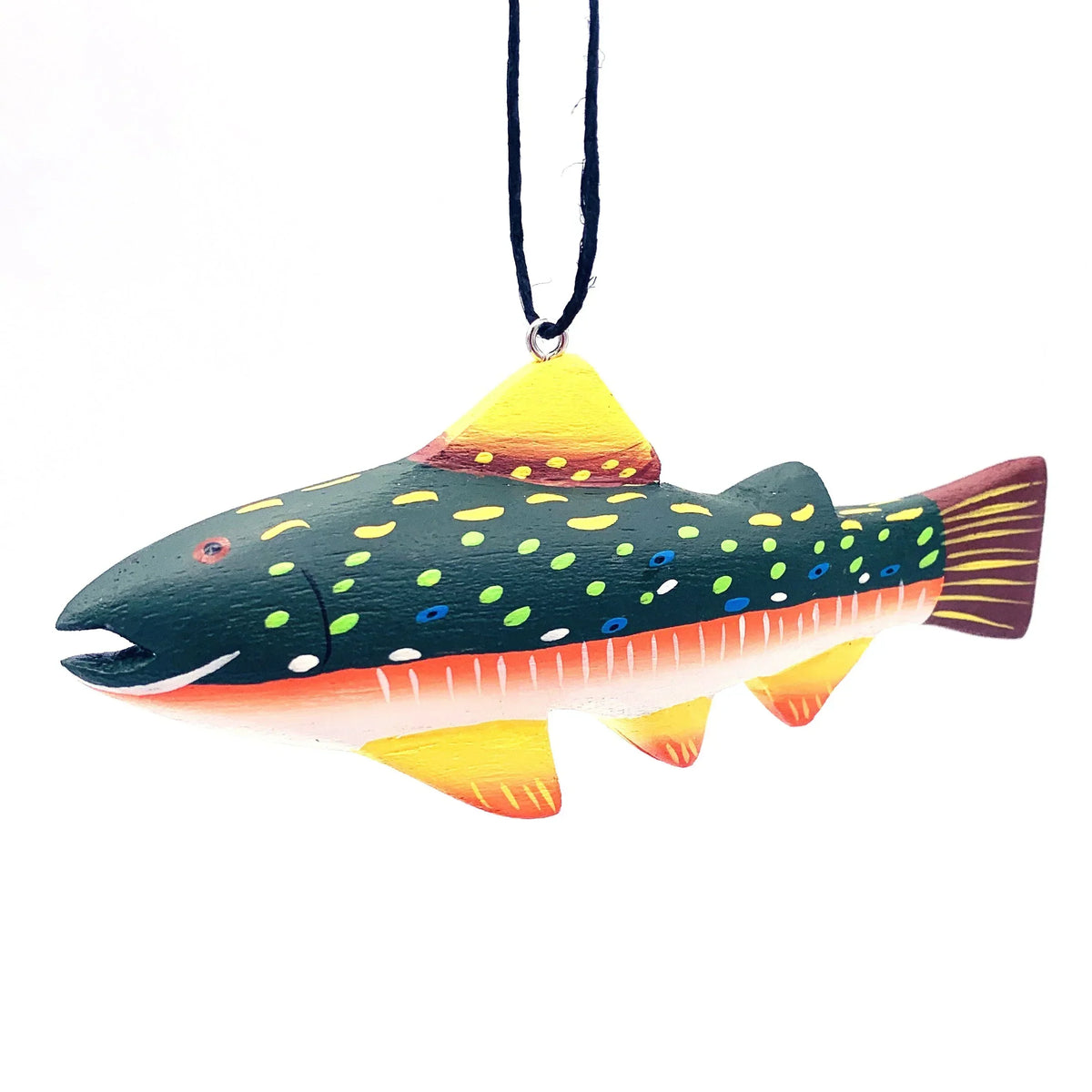 Colorful fish-shaped ornament with painted spots and hanging black string on white background