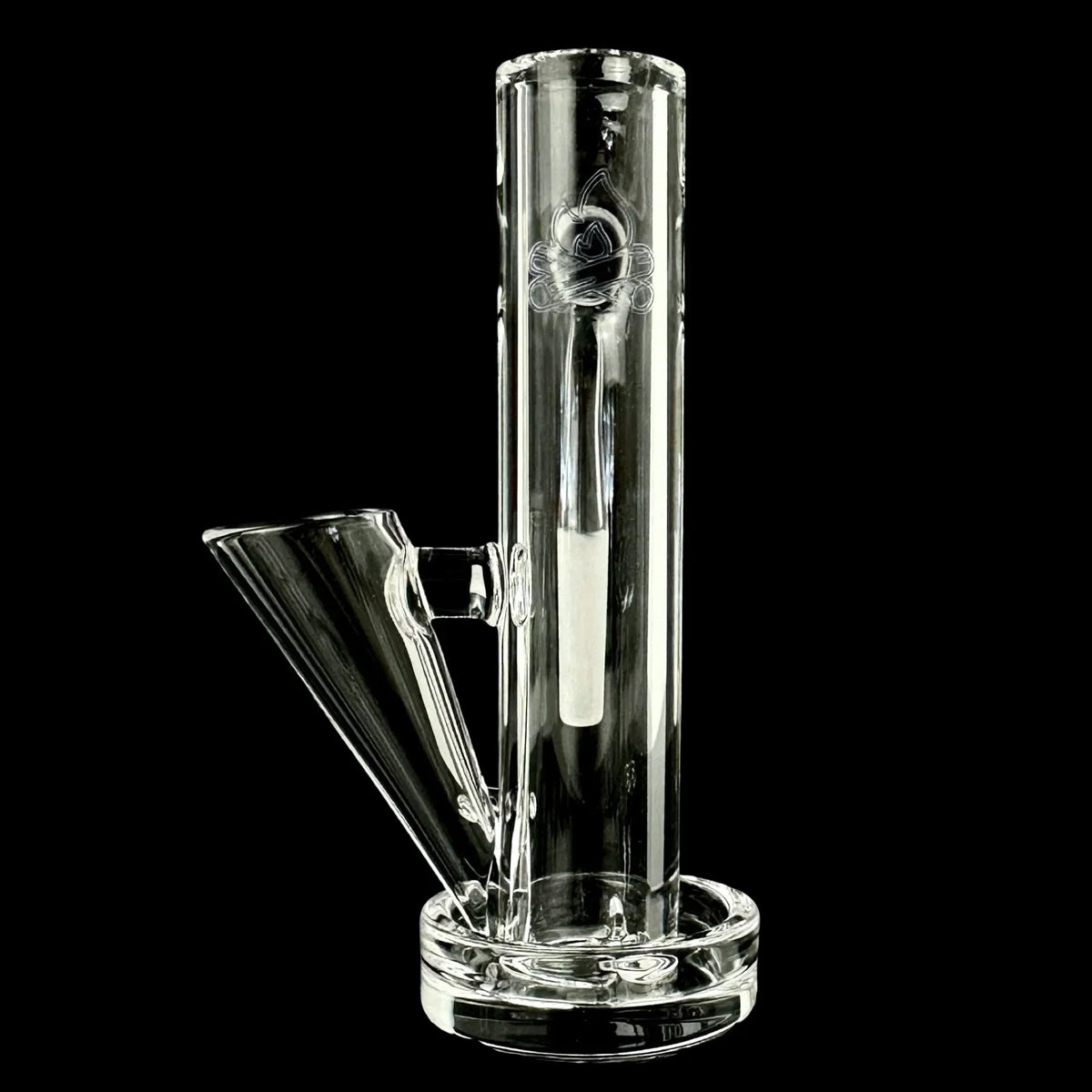 Clear glass water pipe with straight tube design and etched logo on black background