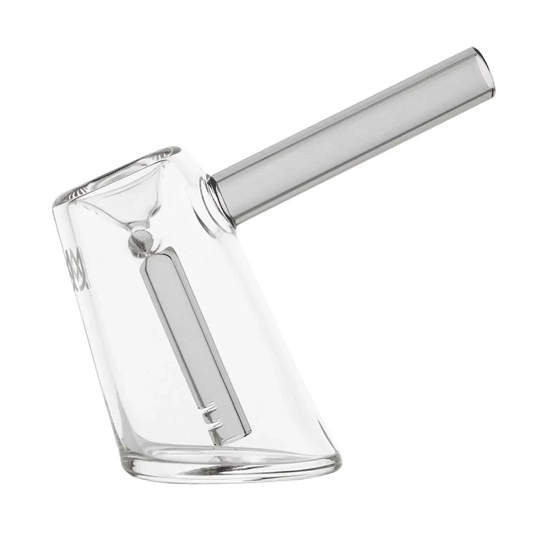 Clear glass hand pipe with built-in perc, modern smoking accessory design, isolated on white