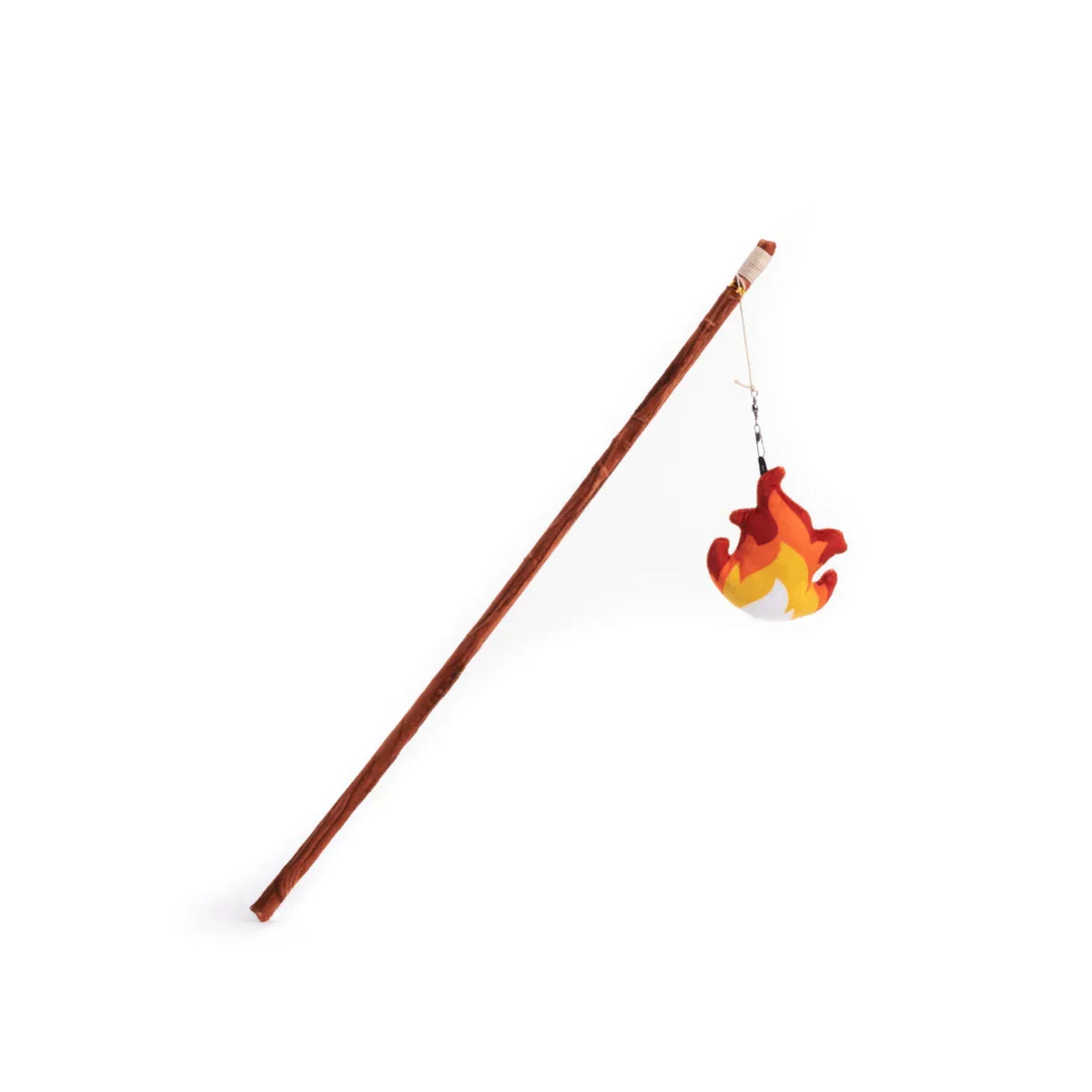 Wooden cat toy wand with hanging plush flame on white background