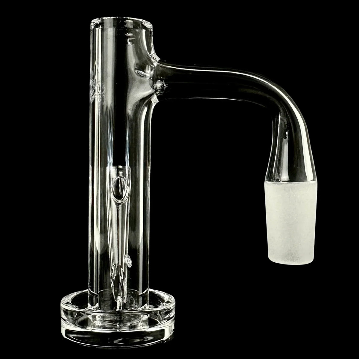 Clear glass bong attachment with angled joint on black background