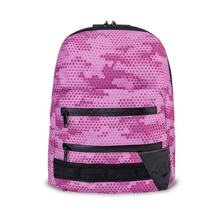 Pink and purple hexagon pattern backpack with multiple front zippered pockets