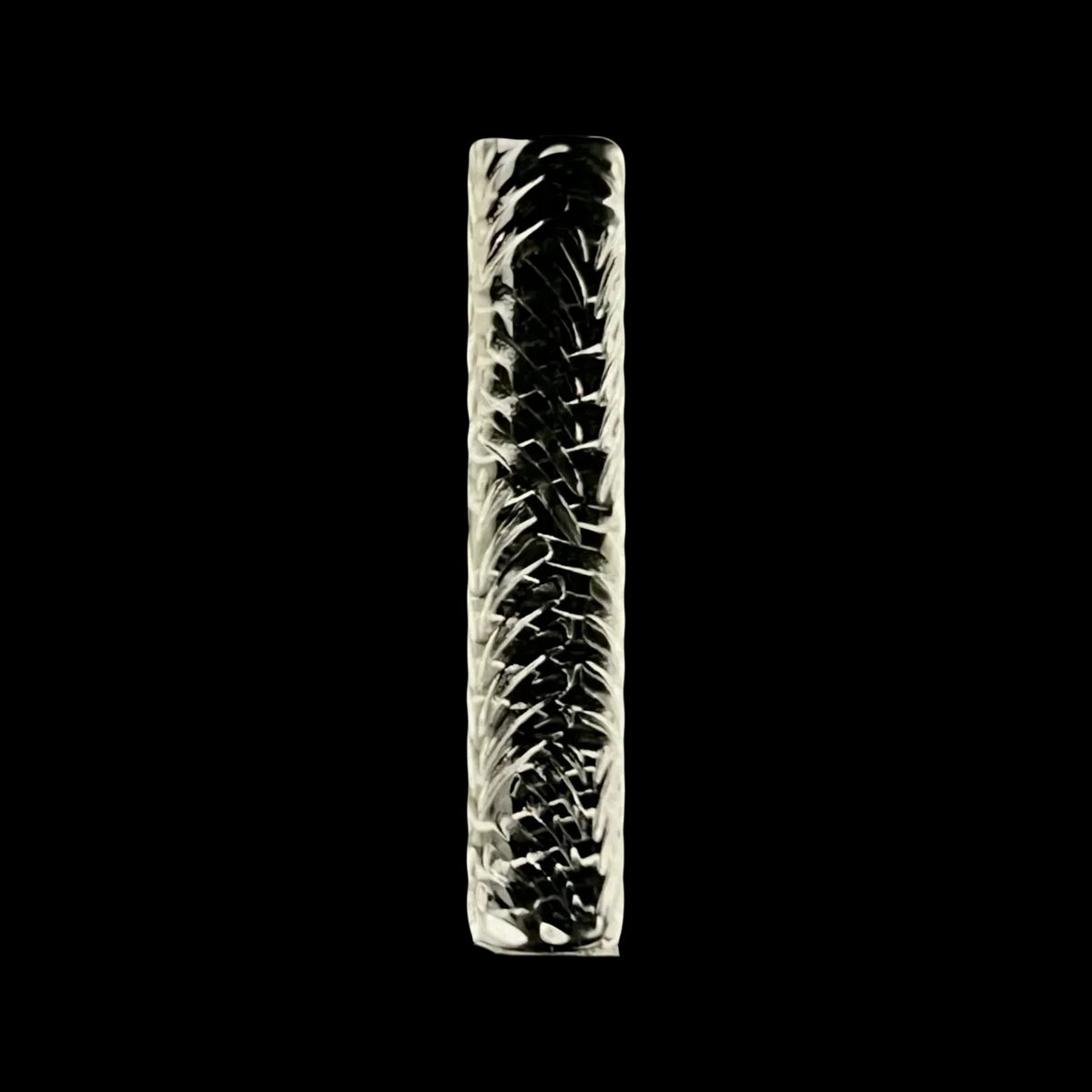 Intricate clear glass chillum pipe with twisted pattern on black background