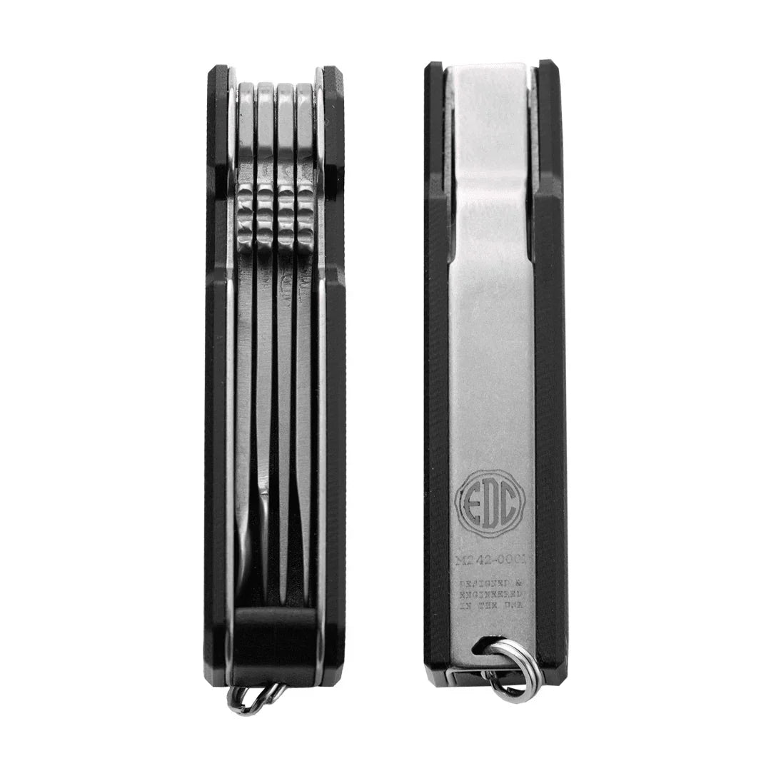 Compact black multi-tool with metal attachments and EDC engraving, shown from two angles