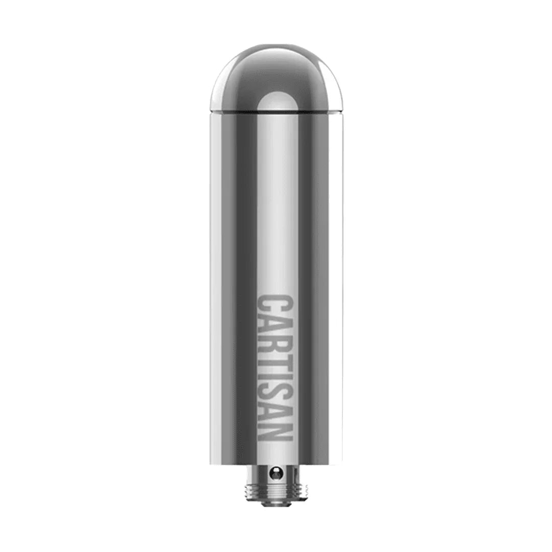 Stainless steel Cartisan vape battery cartridge with rounded top on white background