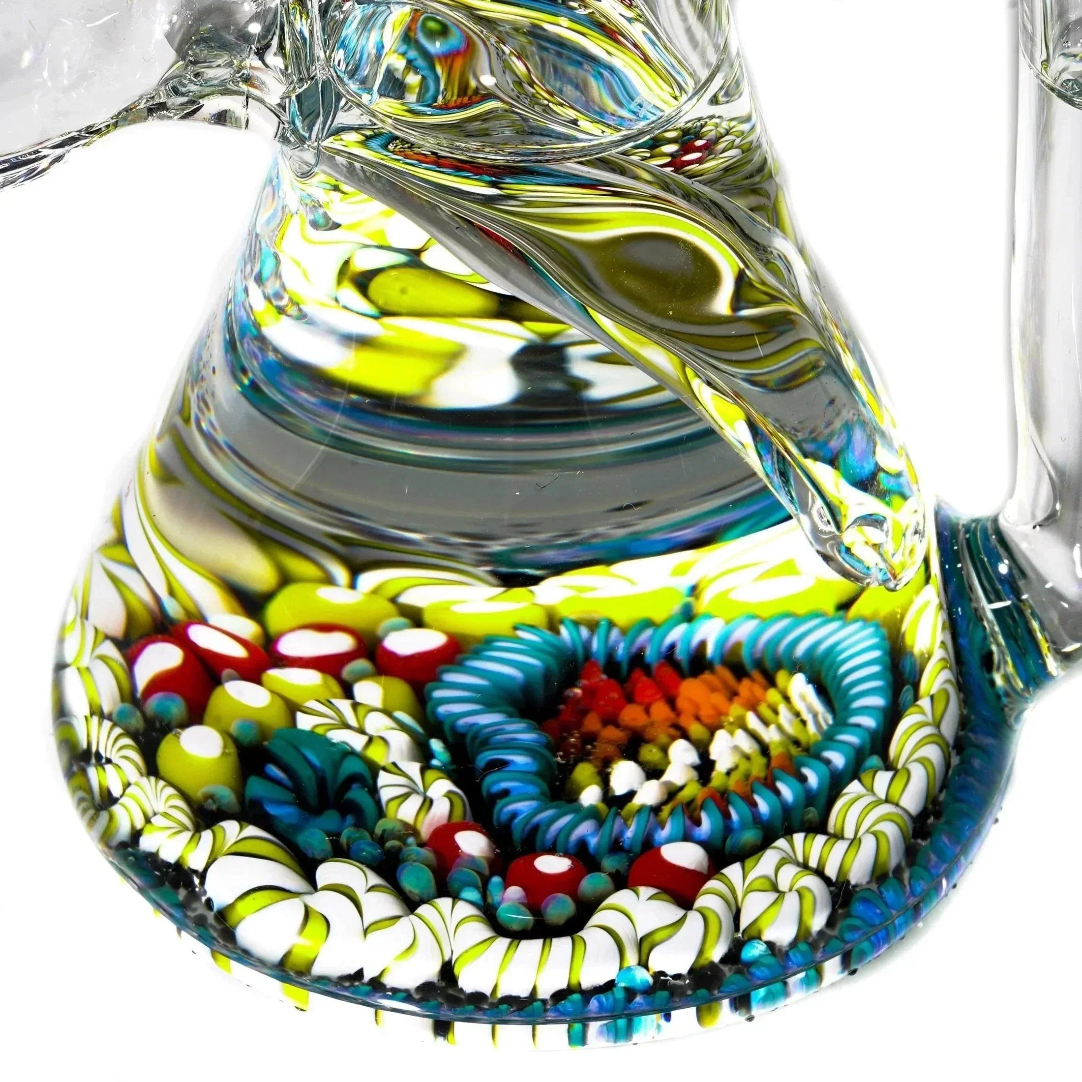 Close-up of colorful heady glass water pipe base with intricate millefiori designs