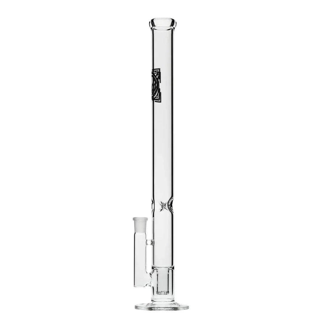 Clear glass straight tube bong with wide base and minimalist design on white background