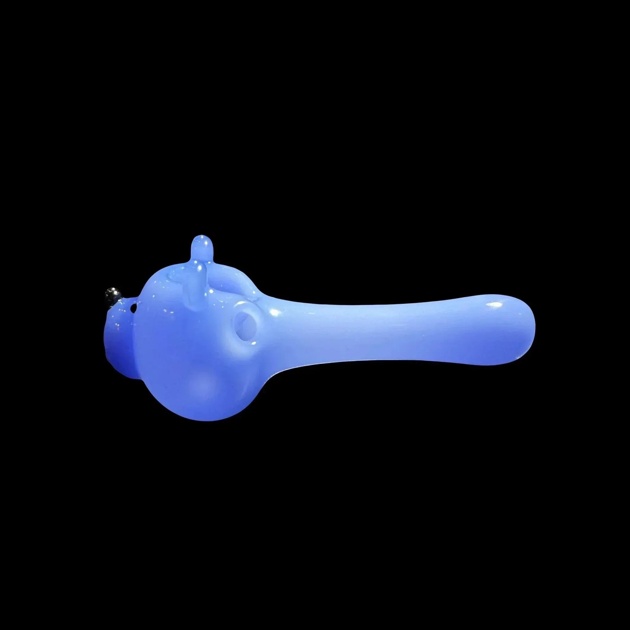 Blue glass hand pipe shaped like a bear, glass smoking accessory on black background