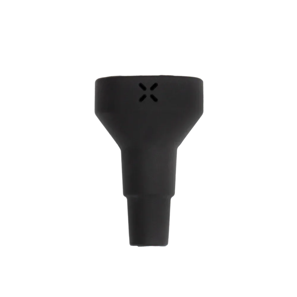 Black silicone vaporizer adapter accessory with X-shaped vent design on white background