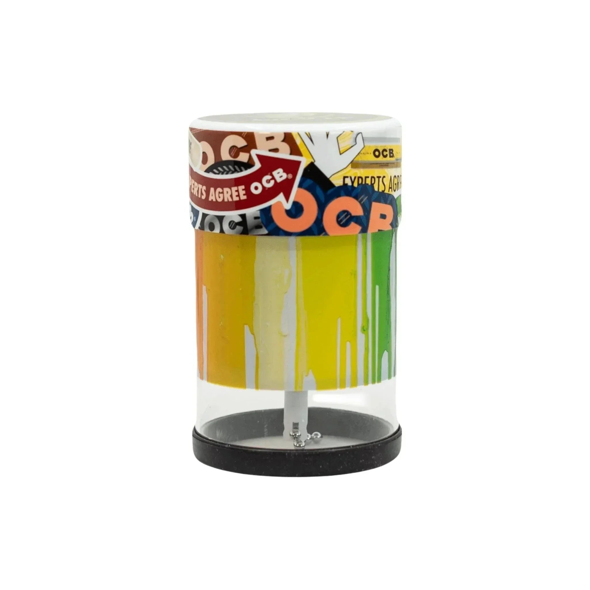 Colorful OCB rolling paper grinder with yellow, green, and white drip design.