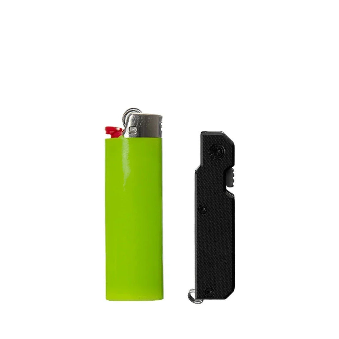 Green Bic-style lighter next to a compact black multi-tool on white background