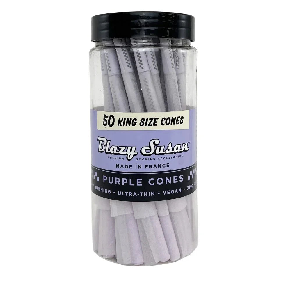 Jar of Blazy Susan purple king size pre-rolled cones, 50 count, ultra-thin vegan papers