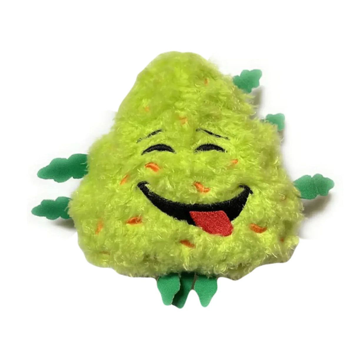 Plush green bud-shaped toy with embroidered smiling face and red tongue, isolated on white