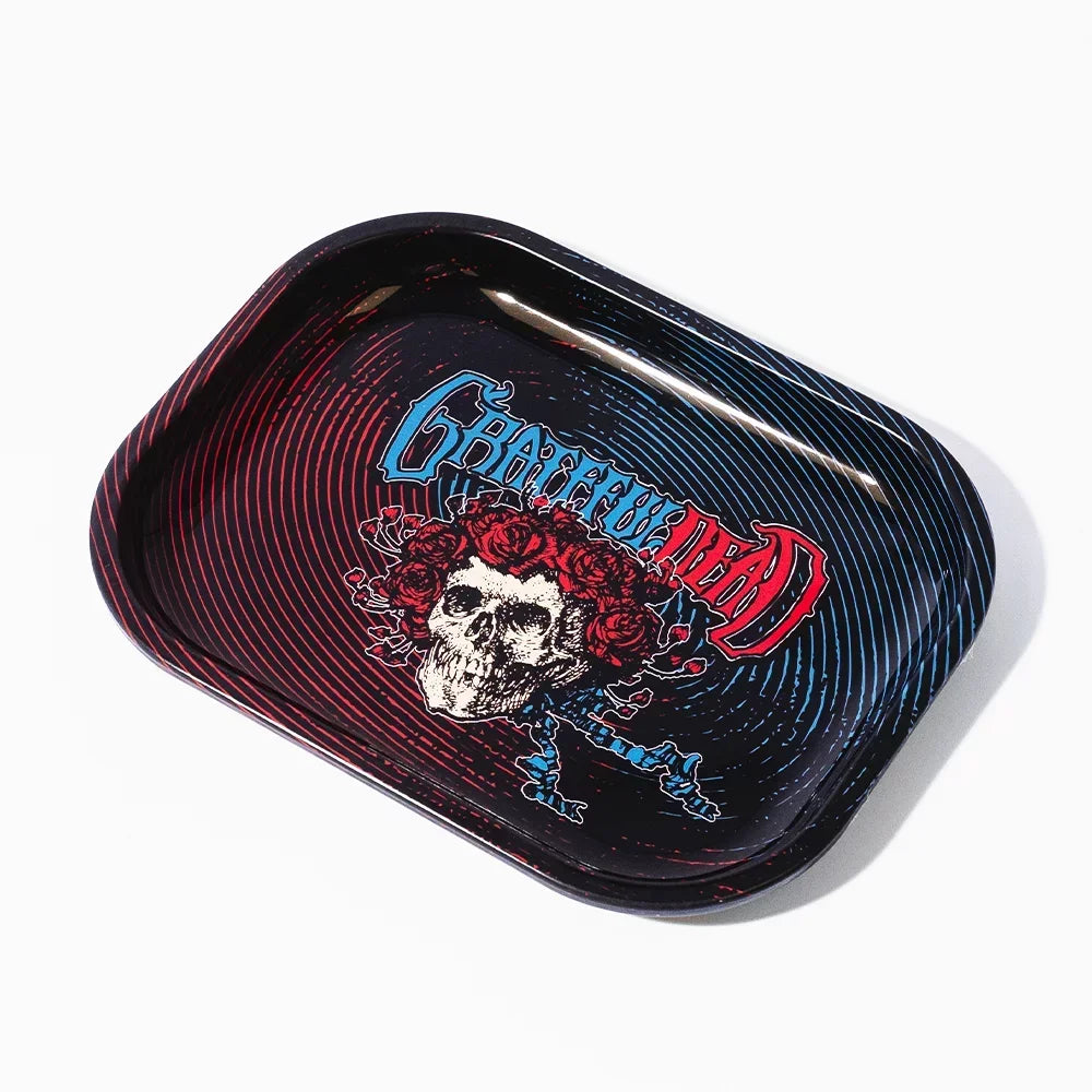 Rectangular metal rolling tray with Grateful Dead skull and roses, black with red and blue accents