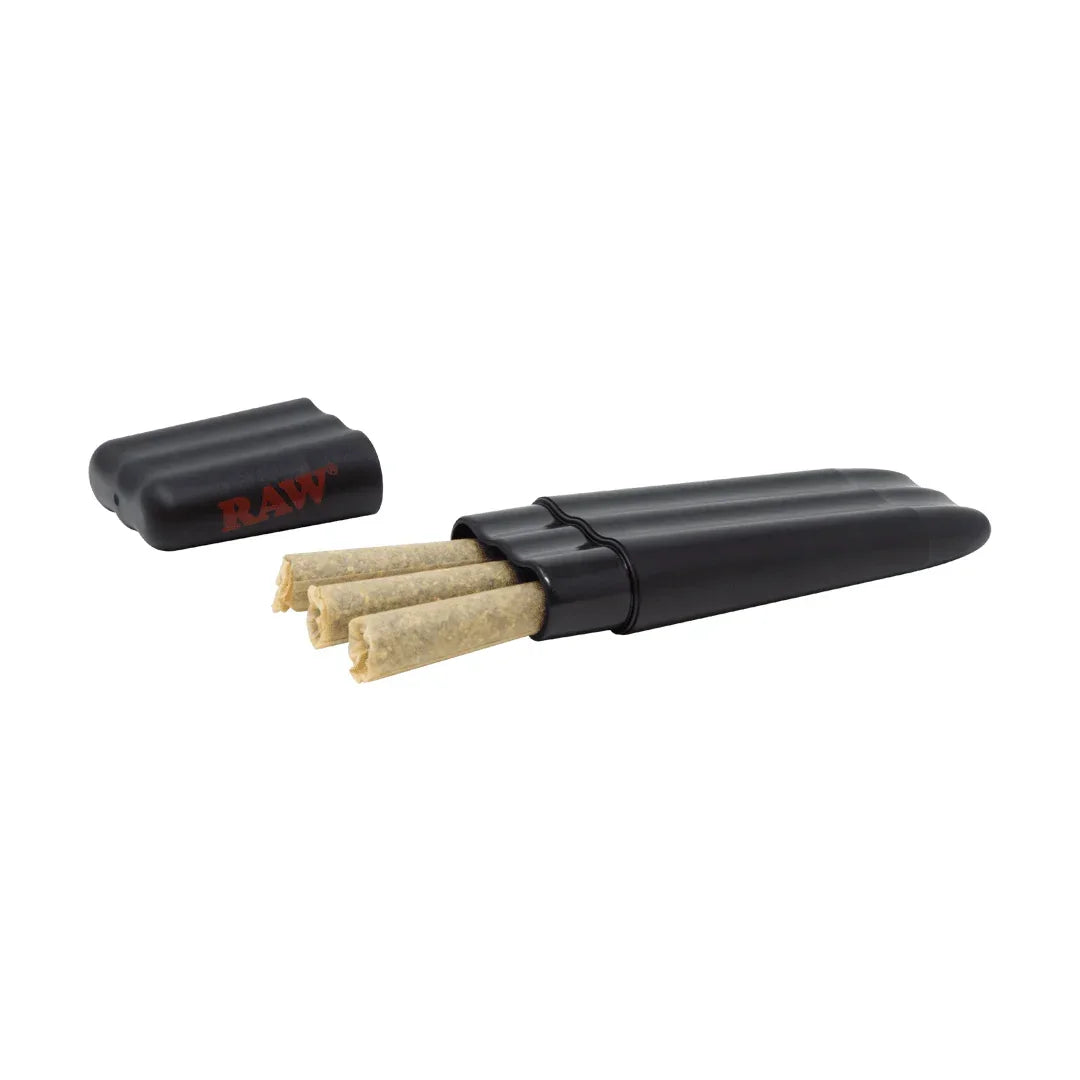 Black RAW joint holder with cap removed, containing three pre-rolled cones