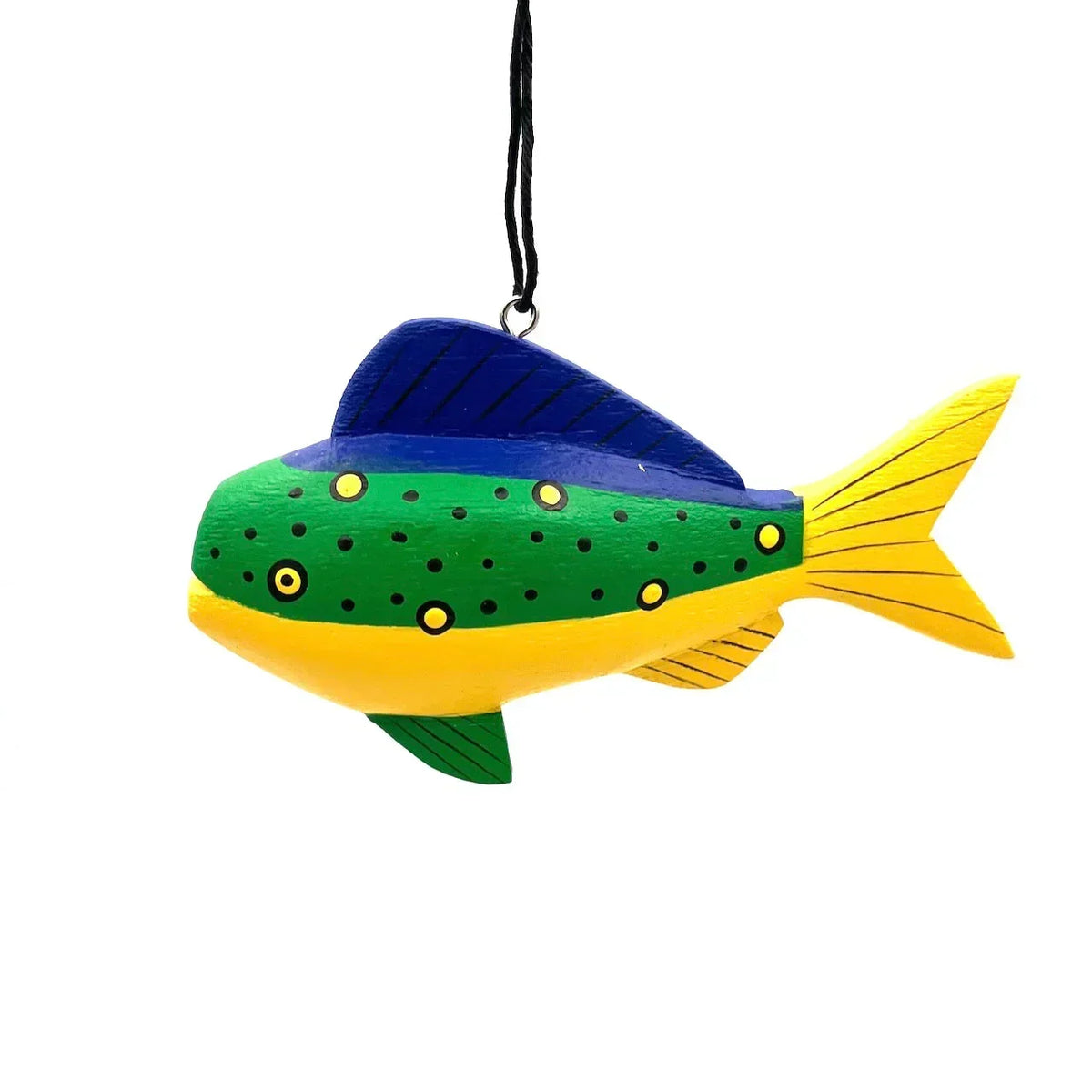 Colorful wooden fish ornament with green, blue, and yellow details hanging by a string