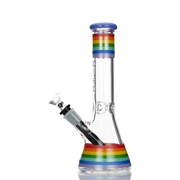 Clear glass beaker water pipe with rainbow bands on base and mouthpiece, side view