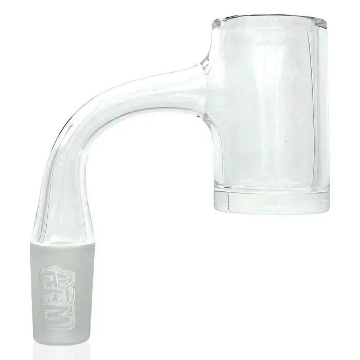 Clear quartz banger nail for dab rig or water pipe, angled design, isolated on white background