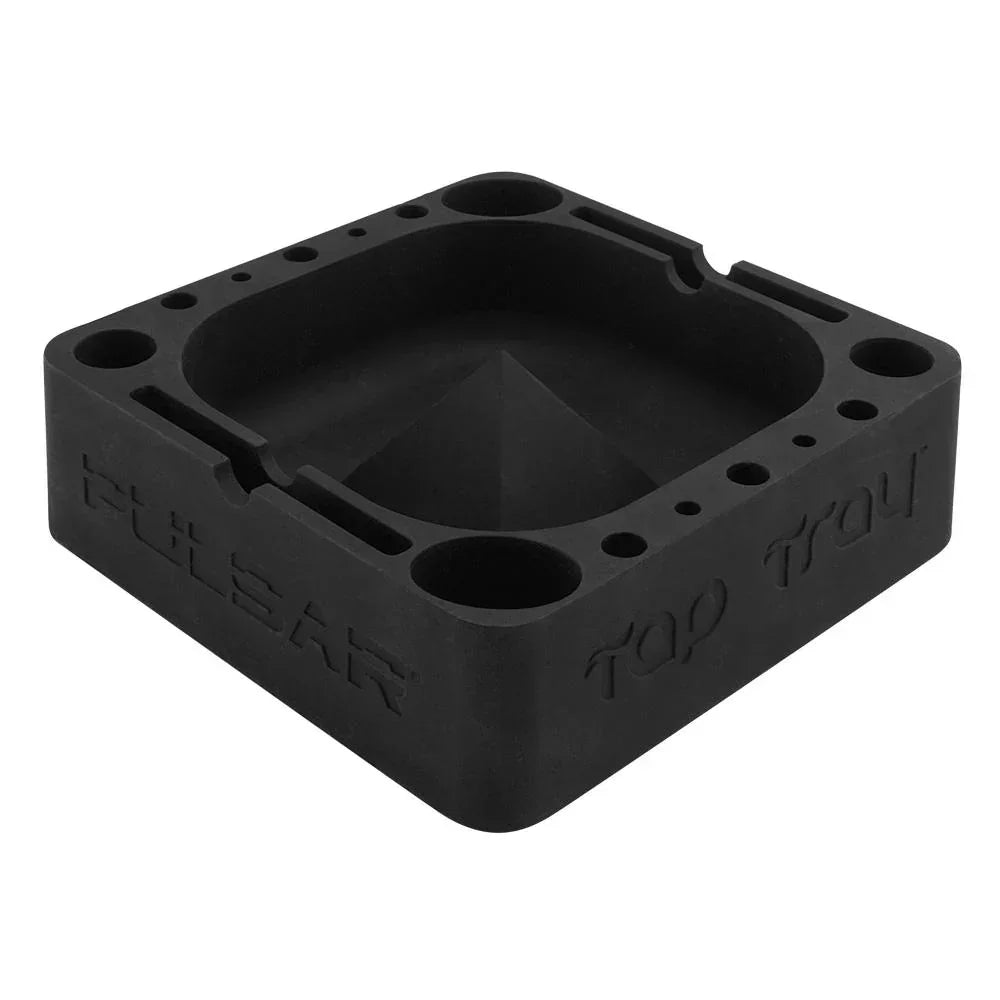 Black silicone square ashtray with multiple tool slots and pyramid center for smoking accessories