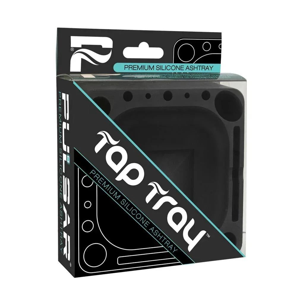 Black silicone ashtray in retail packaging with multiple accessory slots and rounded corners.
