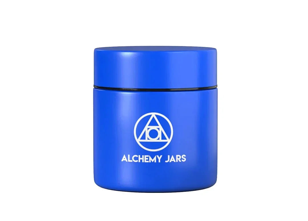 Blue airtight Alchemy Jars storage container with geometric logo on white background