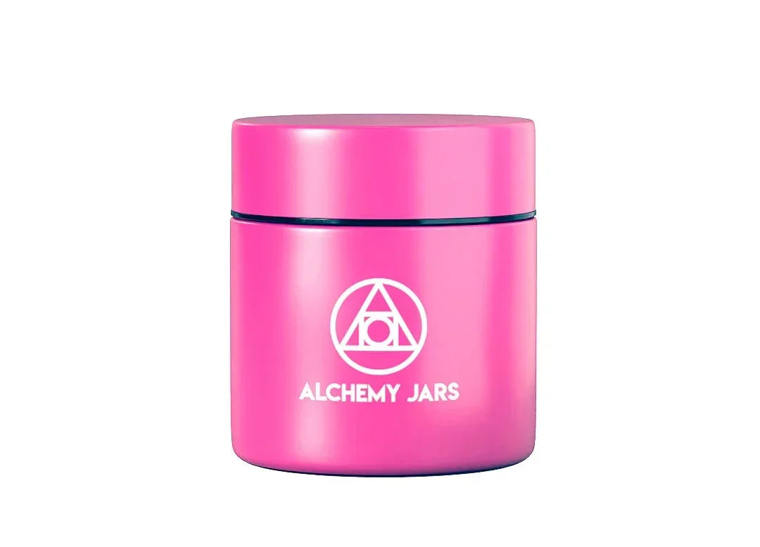 Pink Alchemy Jars airtight storage container with white geometric logo on front