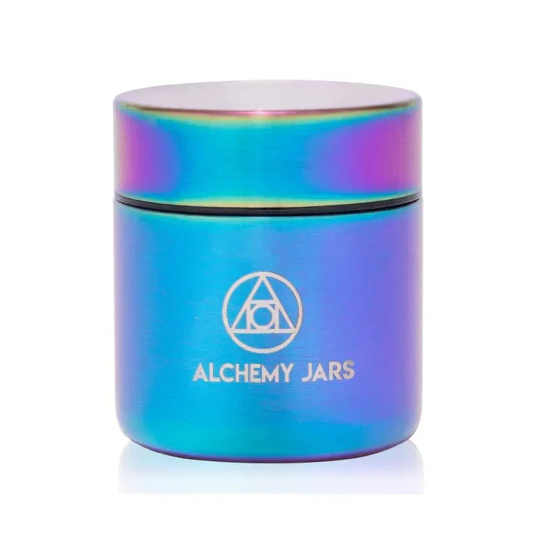 Rainbow titanium airtight storage jar with Alchemy Jars logo on white background