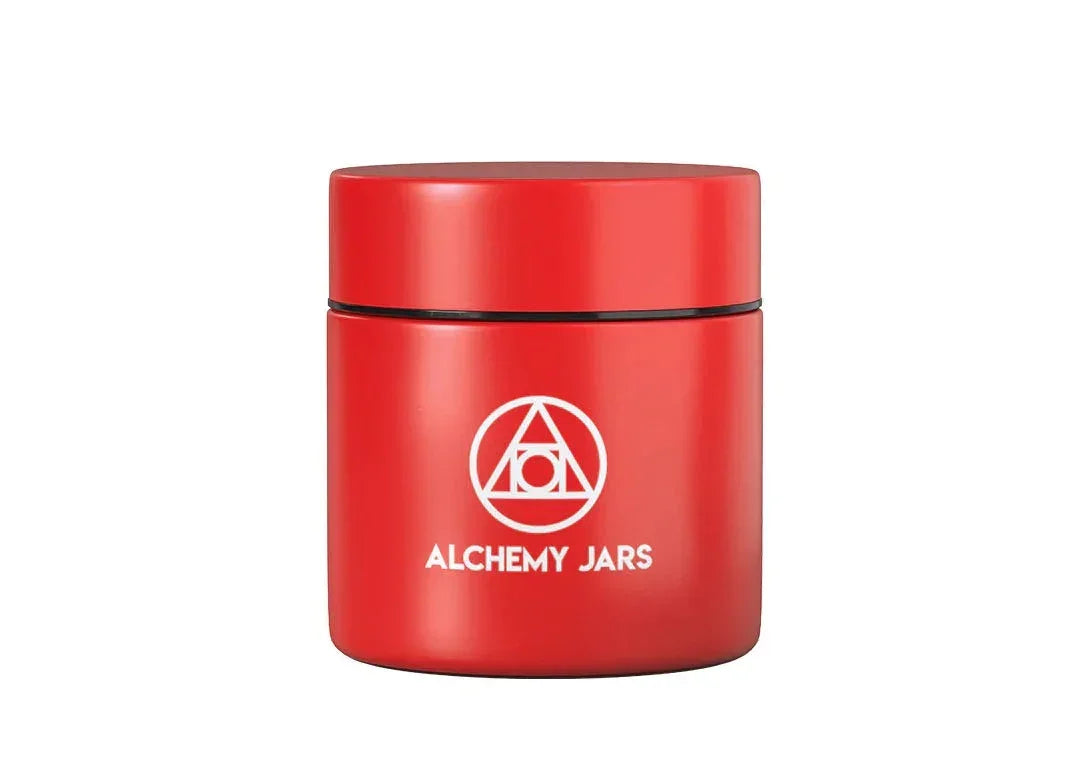 Red airtight Alchemy Jars storage container with white logo and text on plain background