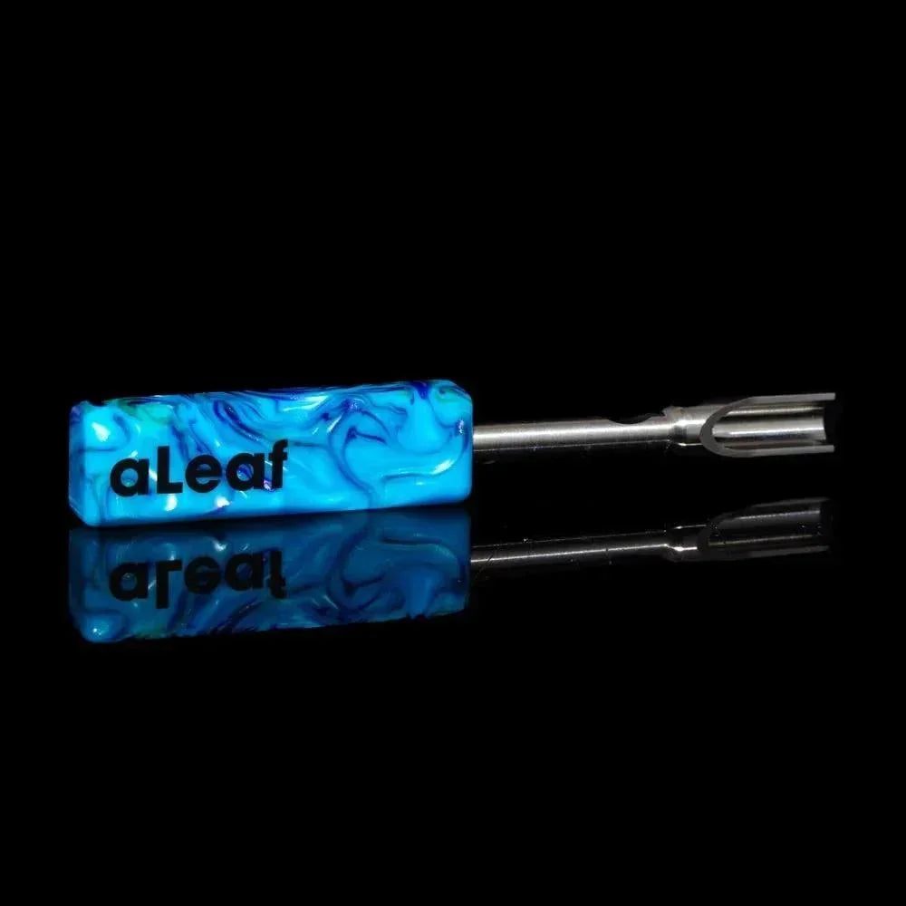 Blue resin scoop dab tool with metal tip and aLeaf logo on black background
