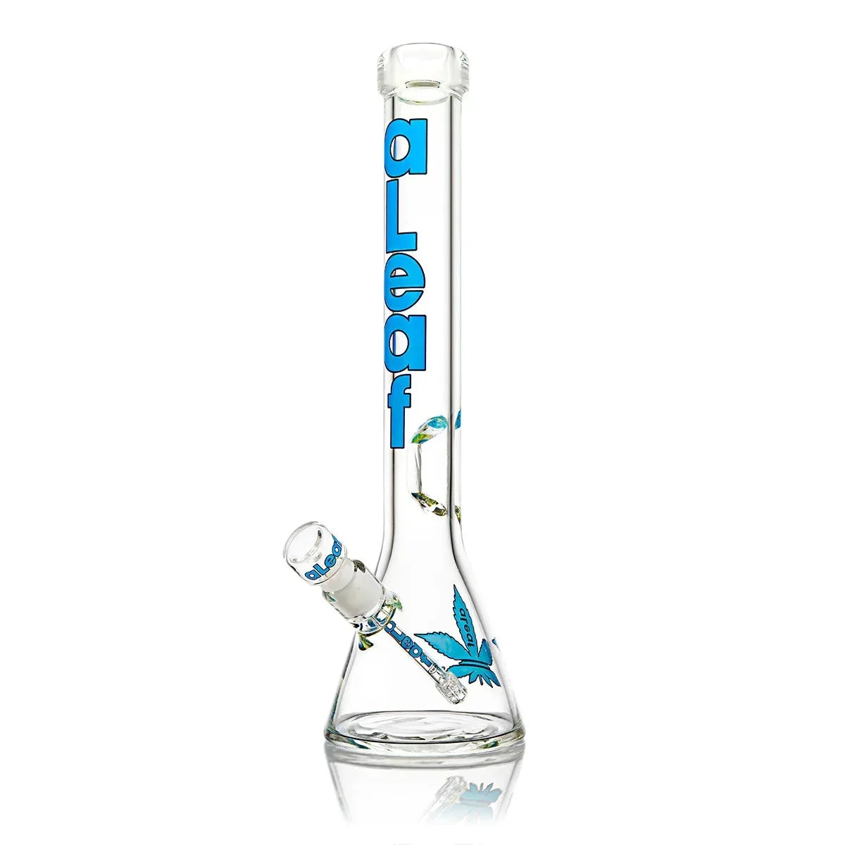 Clear glass beaker bong with blue aLeaf logo and leaf design, smoking accessory