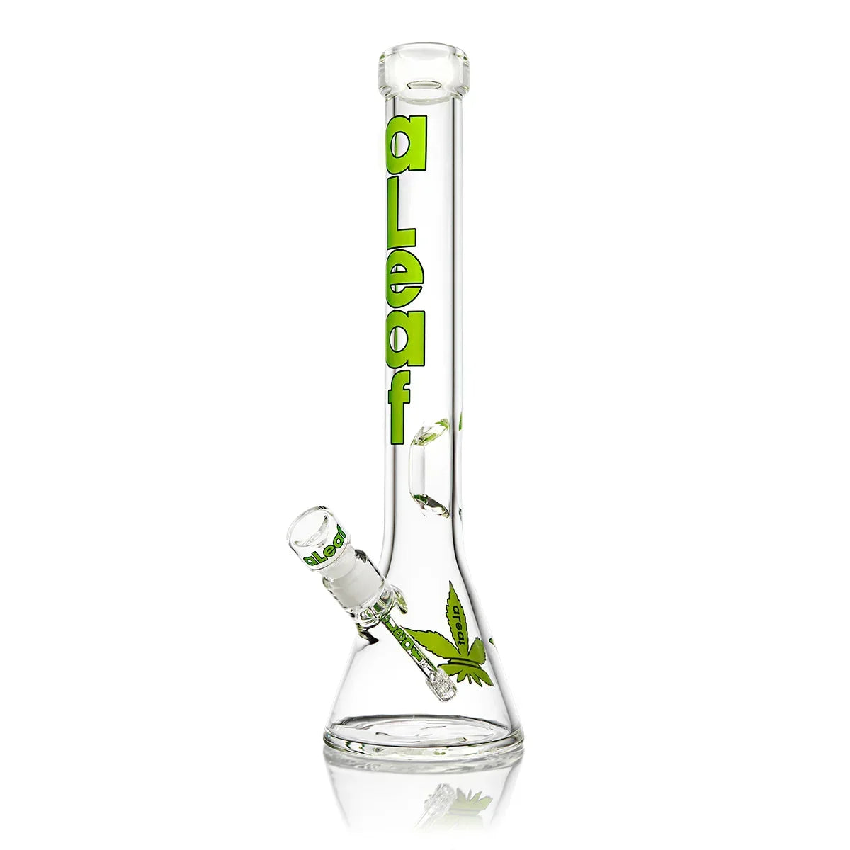 Clear glass beaker bong with green 'aLeaf' logo and leaf graphic, smoking accessory