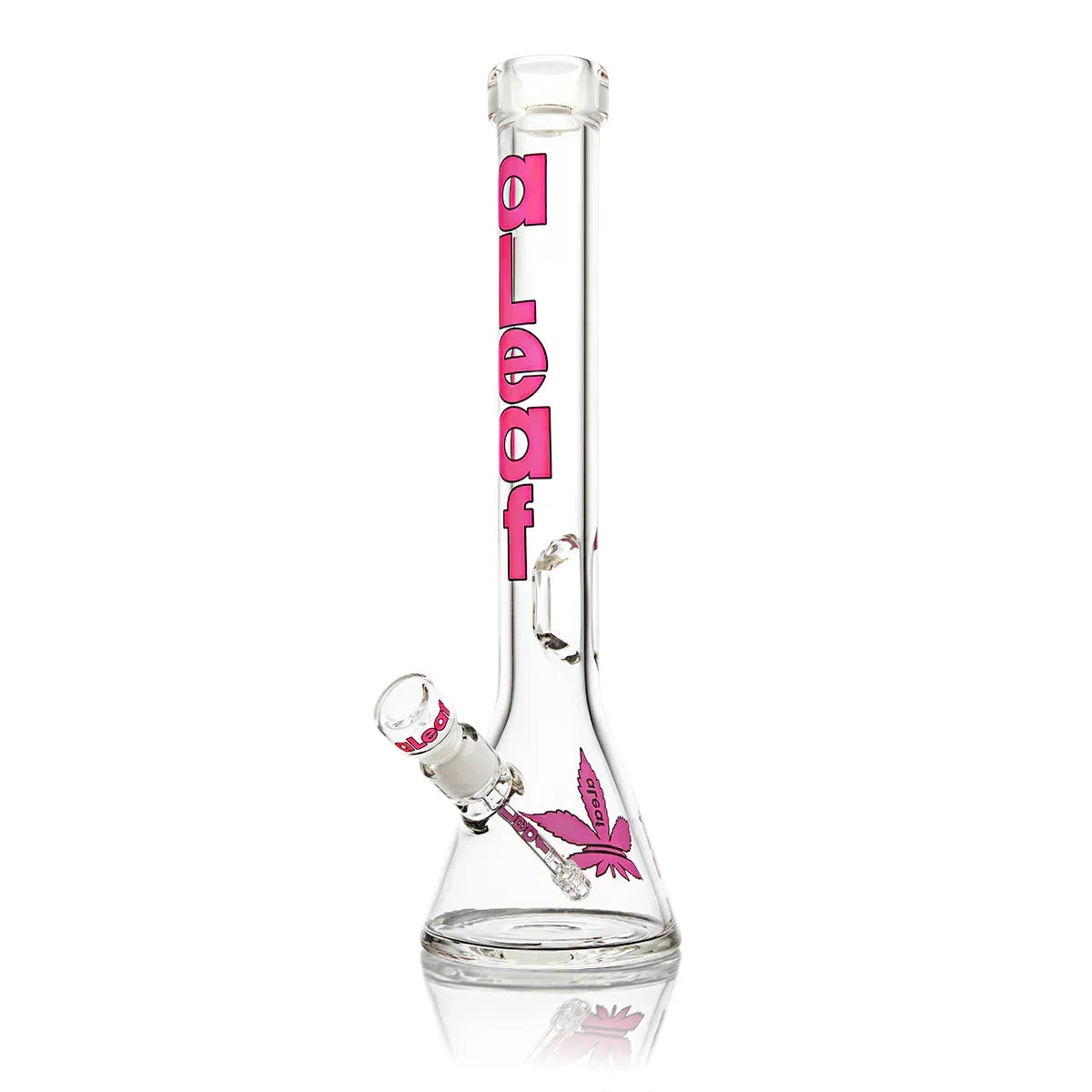 Clear glass beaker bong with pink 'aLeaf' logo and matching leaf design on the base