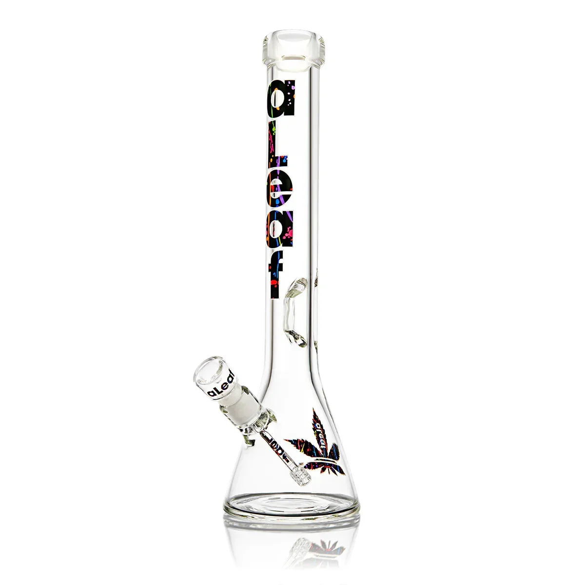 Clear beaker glass water pipe with colorful 'aleaf' logo and built-in downstem on white background