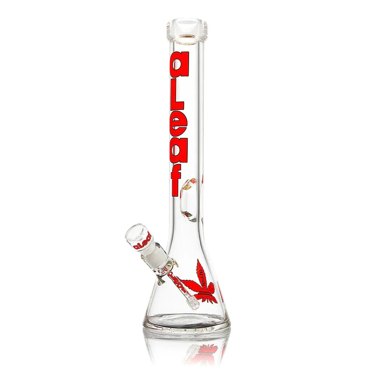 Clear glass beaker bong with red aLeaf logo and leaf graphic, smoking accessory