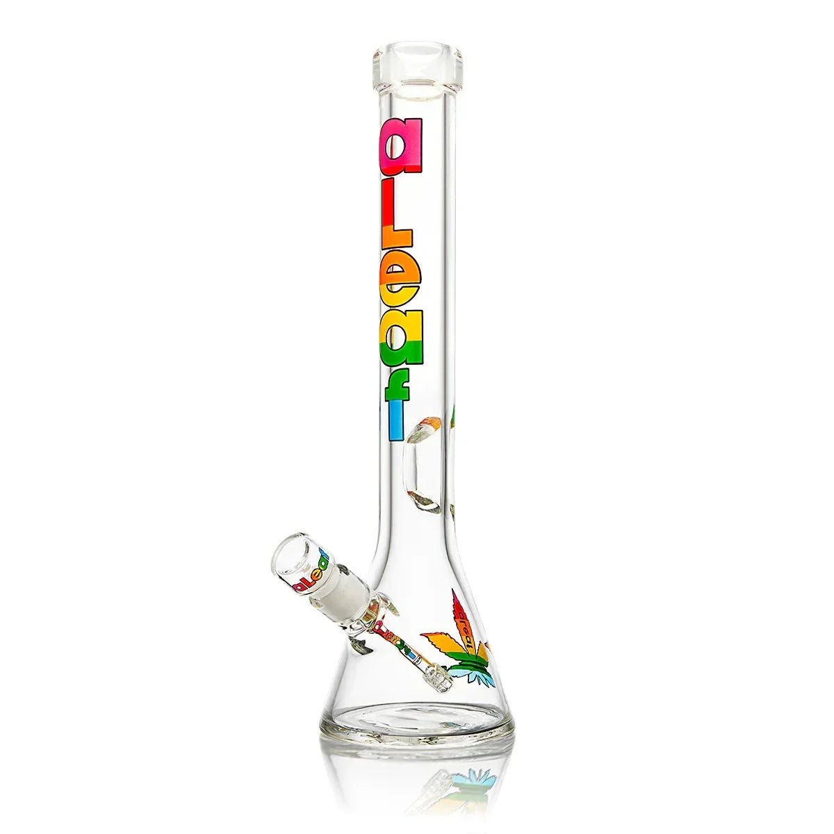 Clear glass water pipe with colorful lettering and leaf designs on white background.