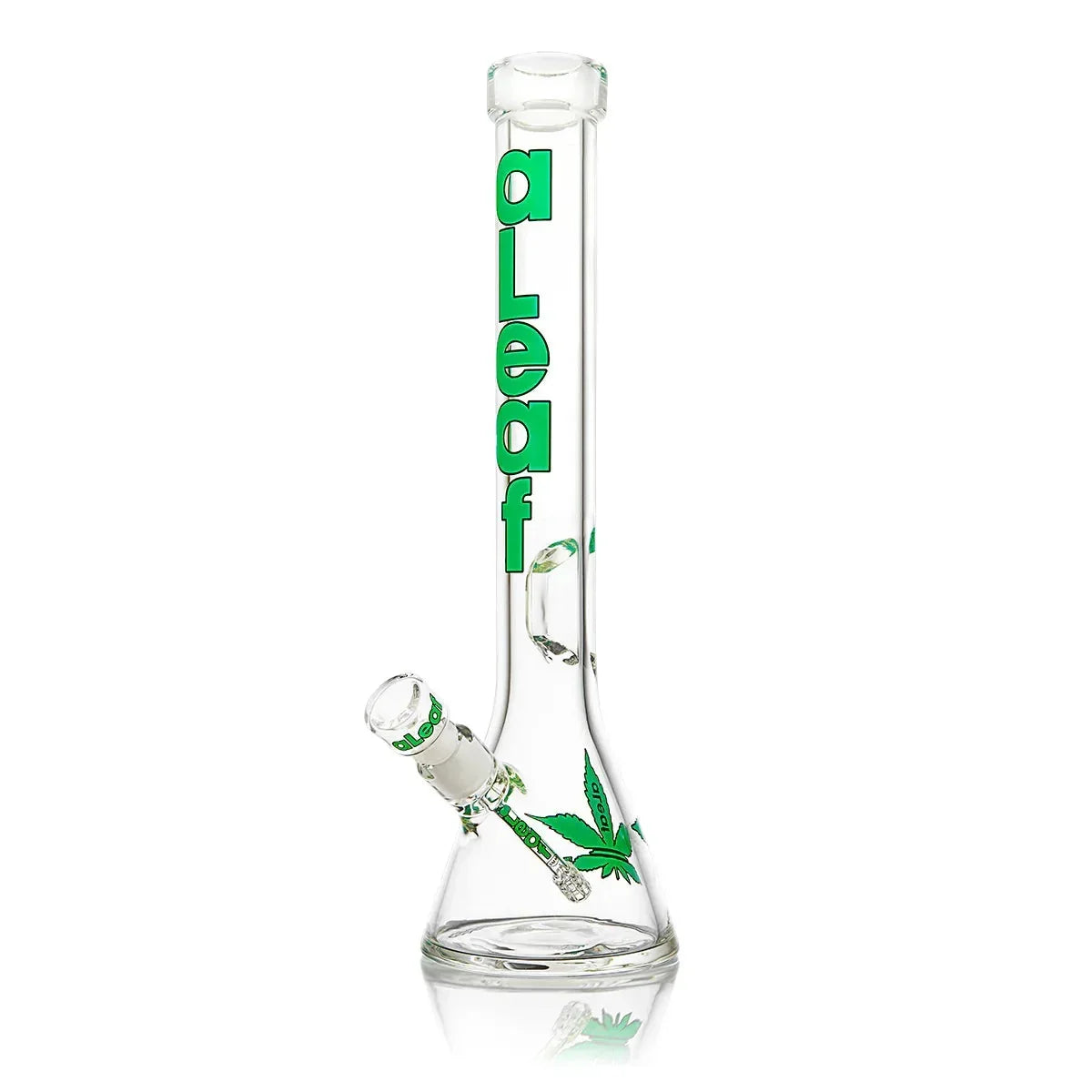 Clear glass beaker bong with green aLeaf logo and leaves, side view on white background