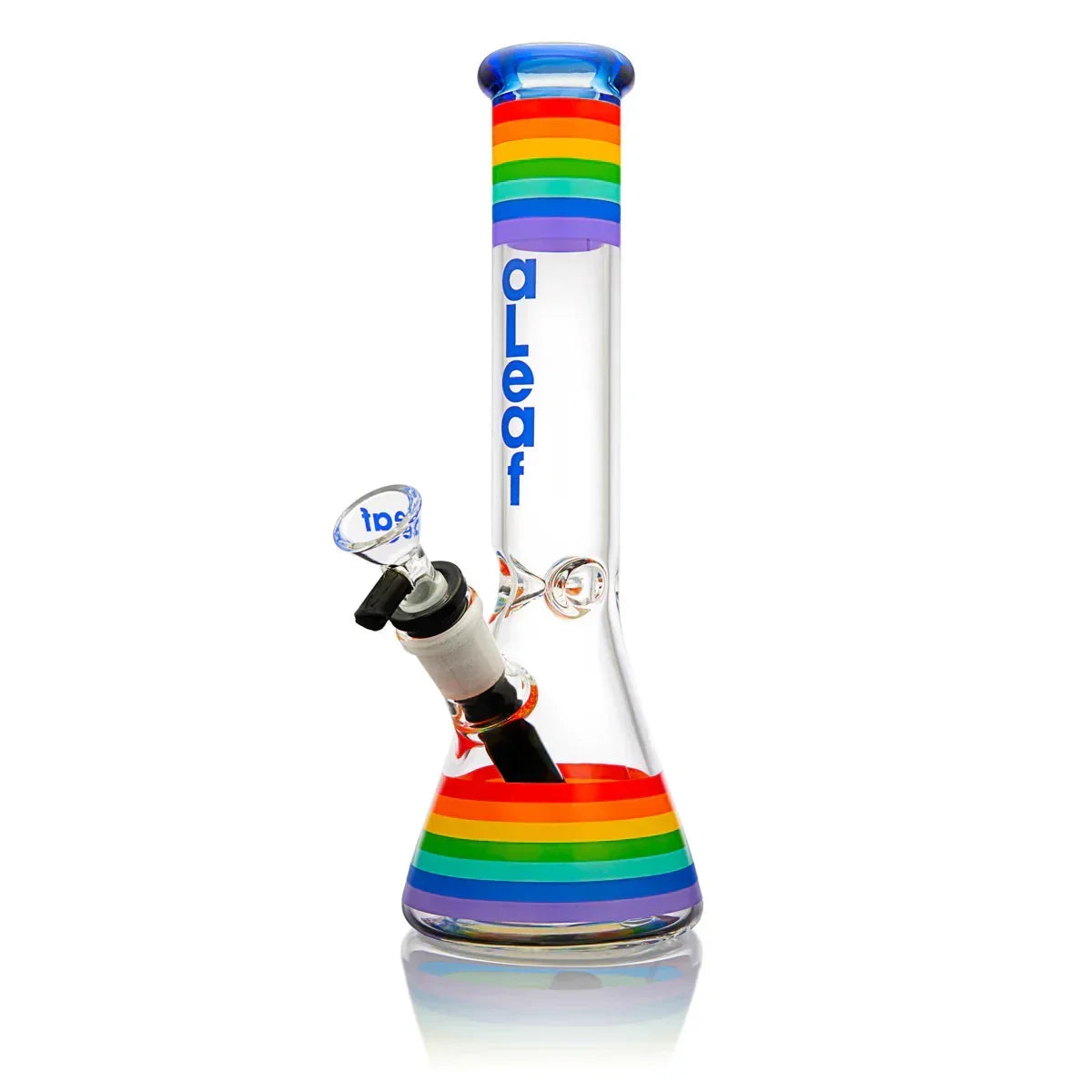 Beaker glass water pipe with rainbow stripes and blue aLeaf logo on clear tube