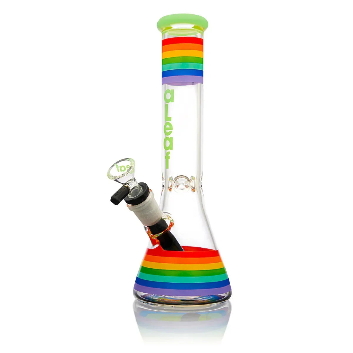 Clear beaker glass water pipe with rainbow stripes and green accents