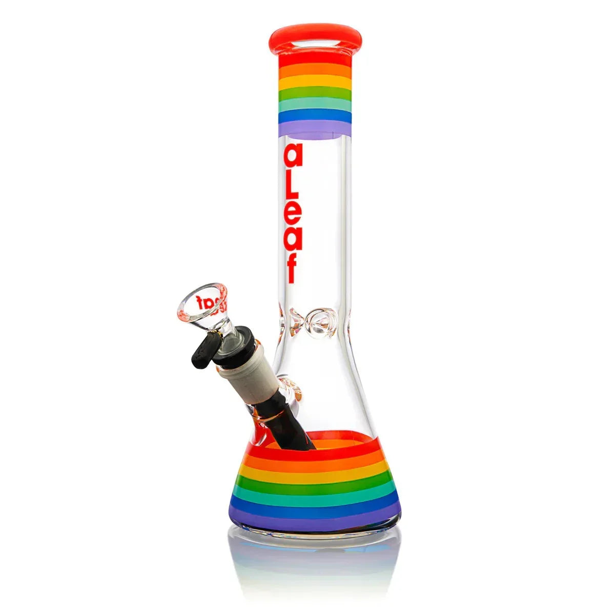 Clear glass beaker water pipe with rainbow stripes and aLeaf logo, isolated on white