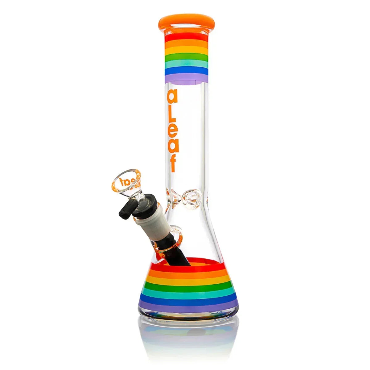 Clear glass beaker bong with rainbow stripes and orange accents, labeled aleaf