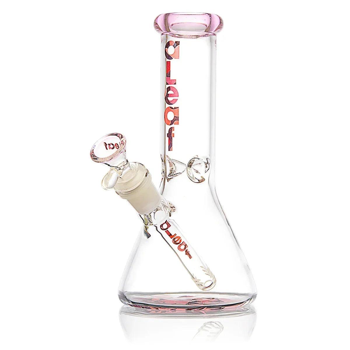 Clear beaker glass water pipe with pink accents and Aleaf logo, ideal for herbs or tobacco