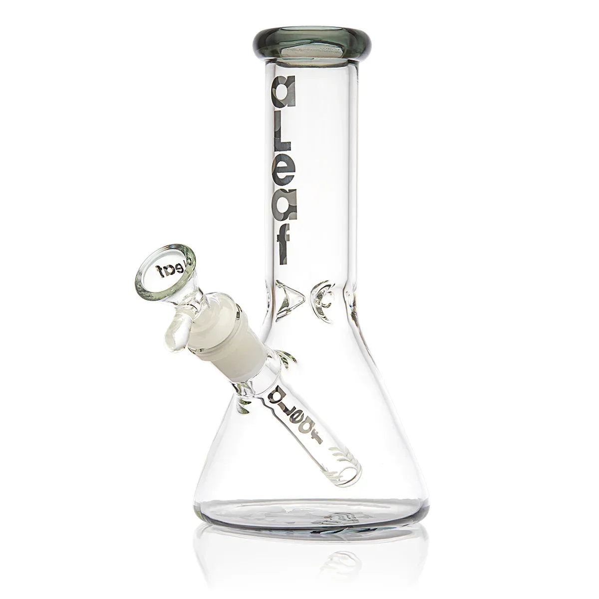 Clear glass beaker bong with aLeaf logo and removable downstem, ideal for smoking enthusiasts
