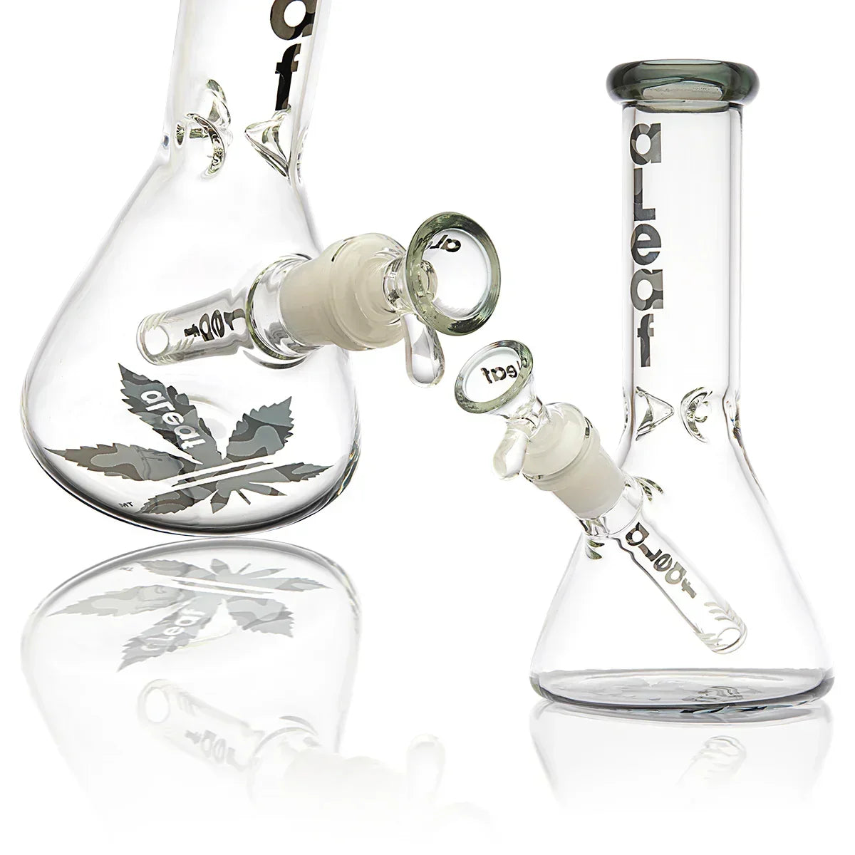 Clear glass beaker water pipe with leaf decal and removable downstem